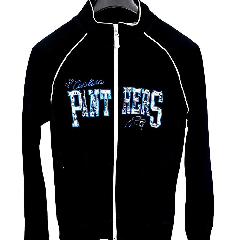 Carolina Panthers Women's L NFL Team Full Zip Black Jacket w/ Sequins Bling